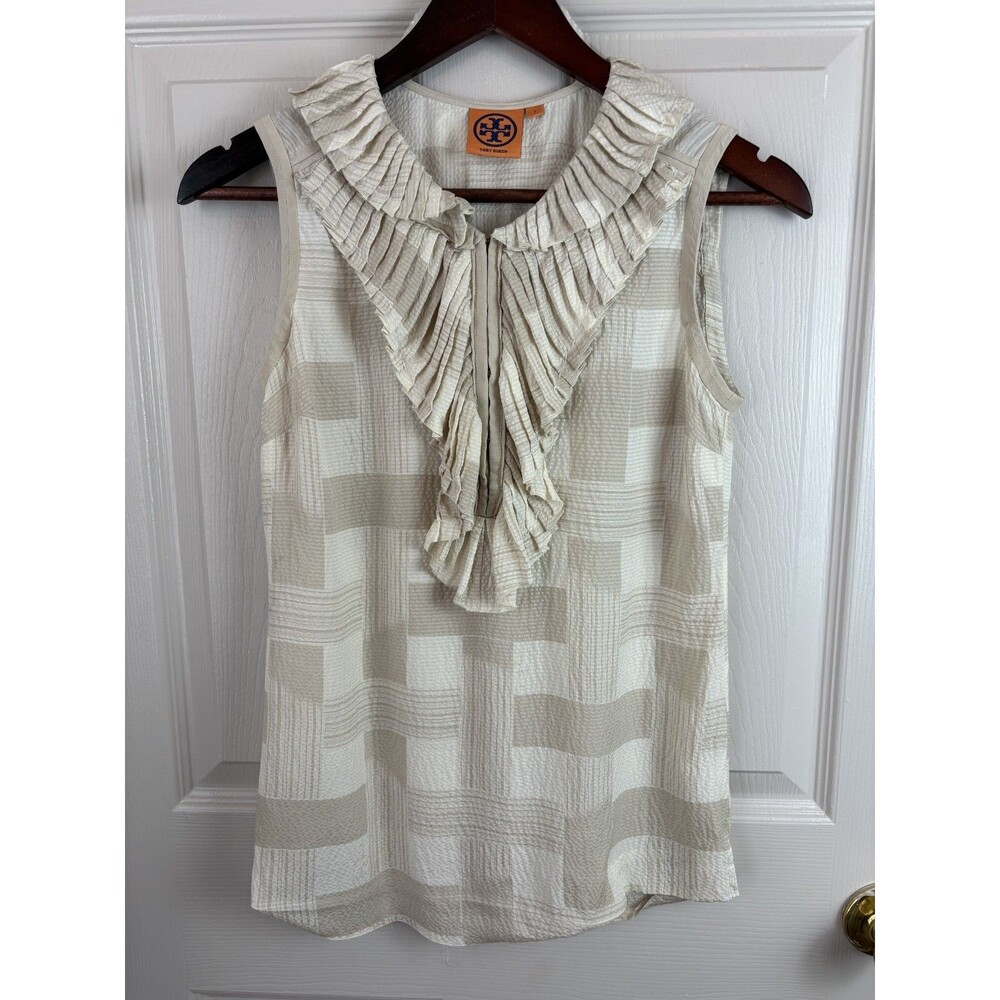 Tory Burch Silk Tank Top Ruffle Womens Size 0 XS Beige Ivory 100% Silk